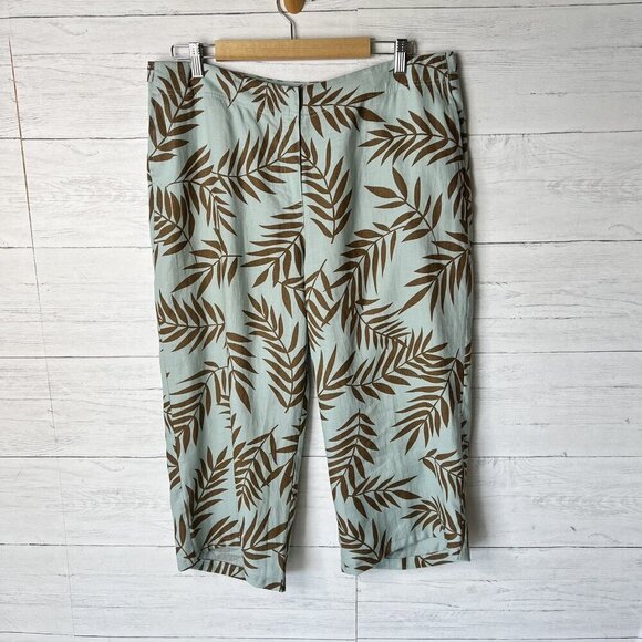 Ralsey Pants Womens Size 14P Teal & Brown Foliage 100% Linen Wide Leg Cropped - Picture 4 of 16